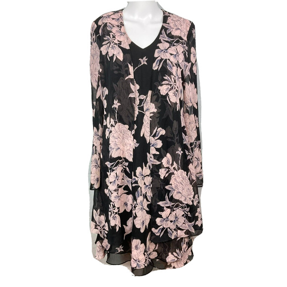 Evan‎ Picone Dress Womens Sz 4 Black Pink Floral Drape Effect Shift V-Neck - Picture 1 of 11